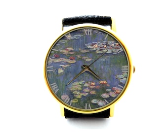 Claude Monet Water Lilies Art Leather Watch, Ladies Watch, Unisex Watch, Waterlilies Art Jewellery