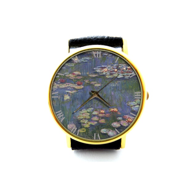 Claude Monet lirios de agua reloj de cuero de arte, reloj de señora, reloj unisex, waterlilies joyería de arte