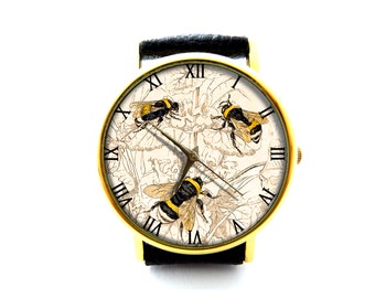 Vintage Honey Bee Leather Watch, Insect Watch, Unisex Watch, Ladies Watch, Mens Watch, Pattern 2