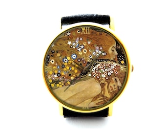 Gustav Klimts Wasserschlangen Lederuhr, Klimt Art Damenuhr, Unisex Uhr, Klimt Art Jewelry