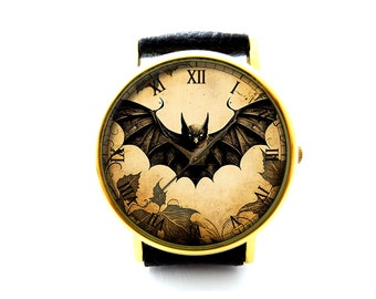 Gothic Bat Watch, Bat Leather Watch, Unisex Watch, Ladies Watch, Mens Watch, Bat Jewelry, Personalized Watch