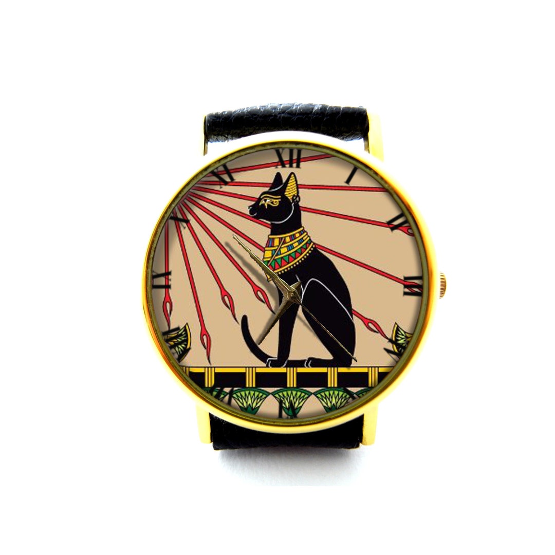 Egyptian Cat Leather Watch, Egyptian Art, Ancient Art Watch, Cat Unisex