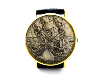 Vintage Kraken Octopus Illustration Leather Watch, Sea Monster Ladies Watch, Unisex Watch, Vintage Octopus Jewelry
