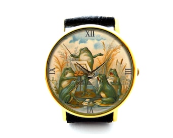 Frog Chorus Leather Watch, Frog Chorus Ladies Watch, Unisex Watch, Funny Frog Jewellery