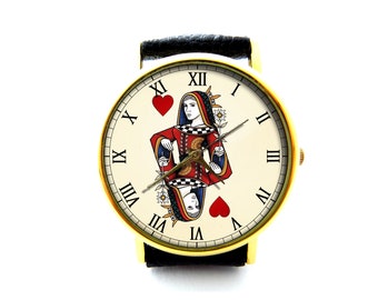Queen of Hearts Leather Watch, Playing Cards Leather Watch, Unisex Watch, Ladies Watch, Mens Watch