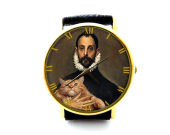 Fun Cat Art lederen horloge, parodiehorloge, uniseks horloge, Fun Cat Art-sieraden