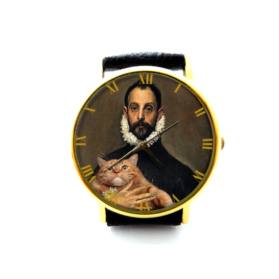 Fun Cat Art Leather Watch, Parody Watch, Unisex Watch, Fun Cat Art 