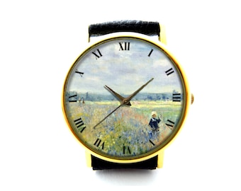 Claude Monet Poppy Fields near Argenteuil Art Leather Watch, Ladies Watch, Unisex Watch, Claude Monet Art Jewelry