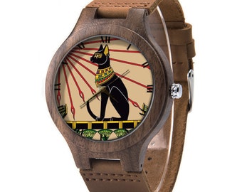 Egyptian Cat Wood Leather Watch, Ancient Art Wood Watch, Black Cat Watch, Man Size Watch, Egyptian Cat Jewelry