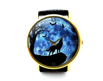 Wolf and Bat Leather Watch, Wolf and Bat Ladies Watch, Unisex Watch, Wolf and Bat Jewellery