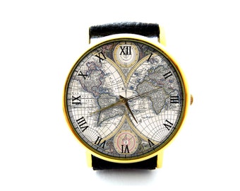 Reloj de cuero vintage con mapa del mundo, reloj unisex, reloj para mujer, reloj para hombre, reloj personalizado