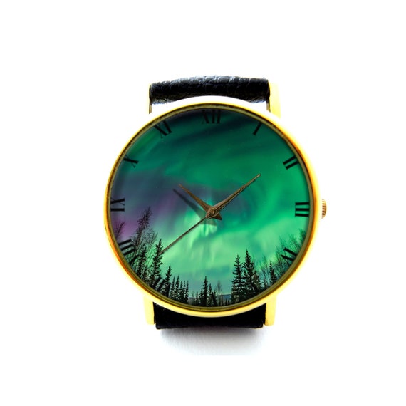 Aurora boreal patrón reloj analógico de acero inoxidable para hombre