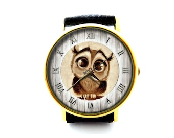 Owl Leather Watch, Owl Ladies Watch, Vintage Owl Watch, Unisex Watch, Owl Jewelry