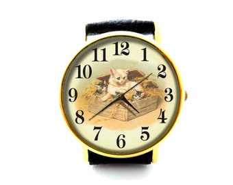 Vintage Cat Leather Watch, Cat Art Watch, Unisex Watch, Cute Cat Lovely Cat Jewelry