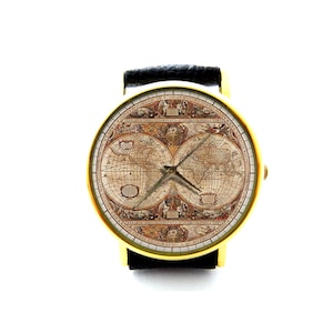 Antike Weltkarte-Lederuhr, Weltkarte-Damenuhr, Unisex-Uhr, Kartenschmuck