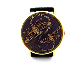 Steampunk Dragonfly Leather Watch, Steampunk Ladies Watch, Unisex Watch, Steampunk Jewelry