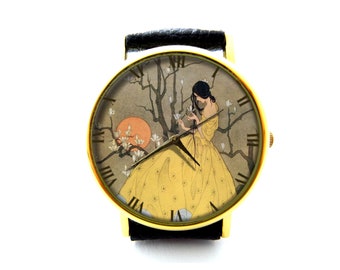 Leren horloge Springs Promise, art-deco dameshorloge, uniseks horloge, Marjorie Miller-sieraden