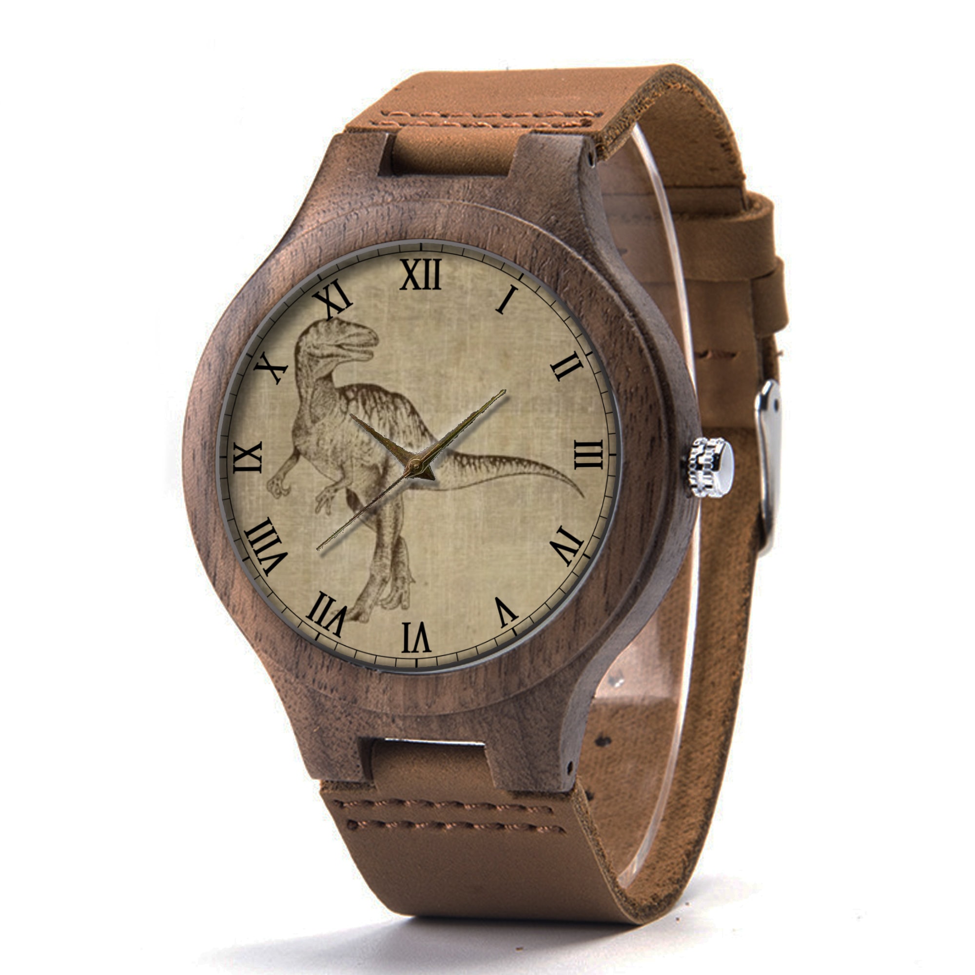 Dinosaur Leather Wood Watch, Velocisaurus Wood Watch, Dinosaur Watch, Man Size Watch, Dinosaur Jewelry