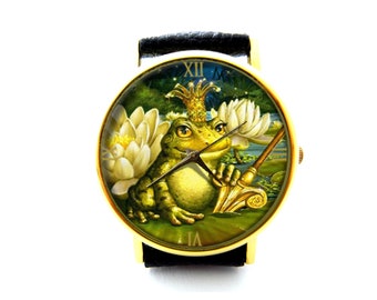 Frog Prince Leather Watch, Frog Prince Ladies Watch, Unisex Watch, Funny Frog Jewelry
