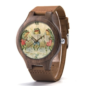 Frog Singing Wood Leather Watch, Frog Music Wood Watch, Frog Watch, Man Size Watch, Funny Frog Jewelry