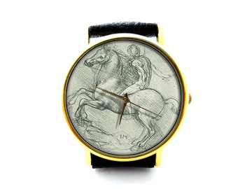 Zegarek skórzany Leonardo Da Vinci, szkic konia i jeźdźca na tylnych łapach, zegarek unisex, biżuteria Leonardo Da Vinci, akcesoria Leonardo Da Vinci