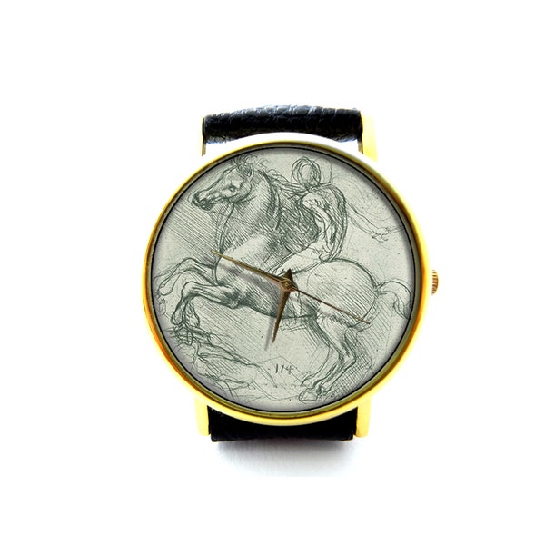Leonardo Da Vinci Leather Watch, Sketch Of Rearing Horse And Rider, Unisex Watch, Leonardo Da Vinci Jewelry, Leonardo Da Vinci Accessory