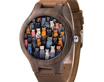 Cats Big Family Wood Leather Watch, Cat Wood Watch, Cat Watch, Man Size Watch, Funny Cat Jewelry