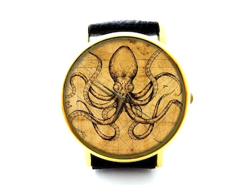 Antique Map Octopus Leather Watch, Steampunk Octopus Ladies Watch, Unisex Watch, Vintage Octopus Jewellery