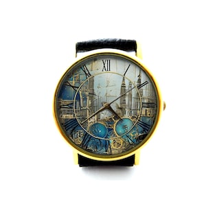 Steampunk City Leather Watch, Steampunk Ladies Watch, Unisex Watch, Steampunk Jewelry
