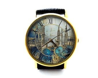 Steampunk stadsleren horloge, steampunk dameshorloge, uniseks horloge, steampunk-sieraden