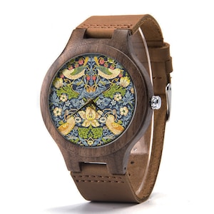 William Morris Strawberry Thief Wood Leather Watch, William Morris Art Wood Watch, Man Size Watch, Art Nouveau Jewelry