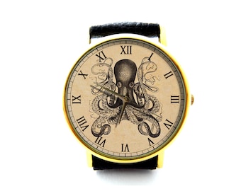 Vintage Octopus Leather Watch, Vintage Octopus Ladies Watch, Unisex Watch, Vintage Octopus Jewellery
