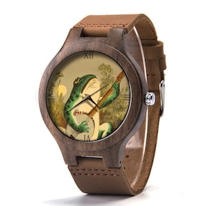 Frog Playing Guitar Wood Leather Watch, Frog Music Wood Watch, Frog Watch, Man Size Watch, Funny Frog Jewelry