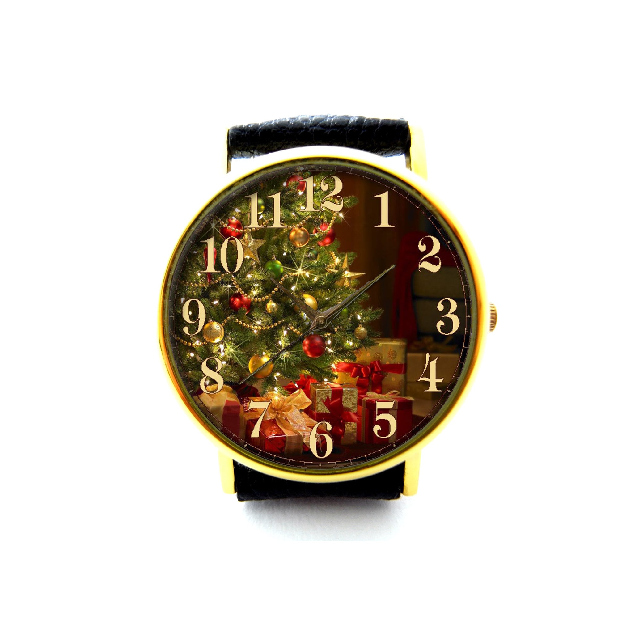 Vintage Festive Holiday Christmas Tree Watch Wooden Christmas Ornaments Round Form With Watches in  main image 3