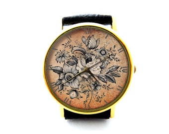 Vintage Rose Leather Watch, Vintage Flower Watch, Floral Watch, Ladies Watch, Unisex Watch, Floral Jewelry