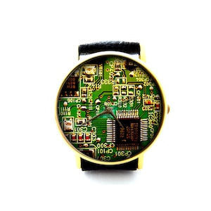 Circuit Board Leather Watch, Unisex Watch, Ladies Watch, Mens Watch, Circuit Board Jewelry, Pattern 1