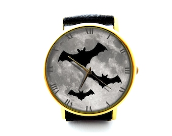Gothic Bat Watch, Bat And Moon Watch, Bat And Moon, Unisex Watch, Ladies Watch, Mens Watch, Bat Jewelry, Personalized Watch