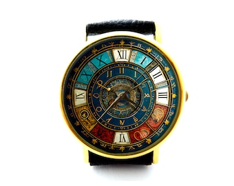 Astronomiczny skórzany zegarek, starożytny grecki zegarek damski, zegarek unisex, biżuteria artystyczna astronomiczna
