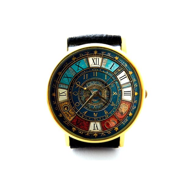 Reloj astronómico de cuero, reloj de la antigua Grecia para mujer, reloj unisex, joyería de arte astronómico