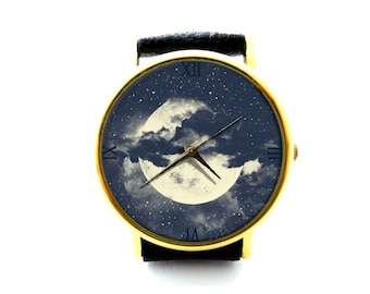 Reloj de cuero de luna llena, reloj de la luna de las damas, reloj unisex, joyería celestial, joyería de la luna de la astronomía,