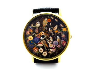 Birds Flower Leather Watch, Birds Ladies Watch, Unisex Watch, Bird Jewelry Gift