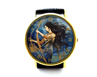 Huntress Artemis Against Starry Sky Leather Watch, Art watch, Unisex Watch, Ladies Watch, Mens Watch, Personalized Watch