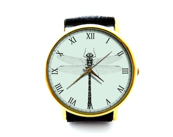 Insect Leather Watch, Dragonfly Leather Watch, Ladies Watch, Mens Watch, Insect Jewelry, Insect Accessory