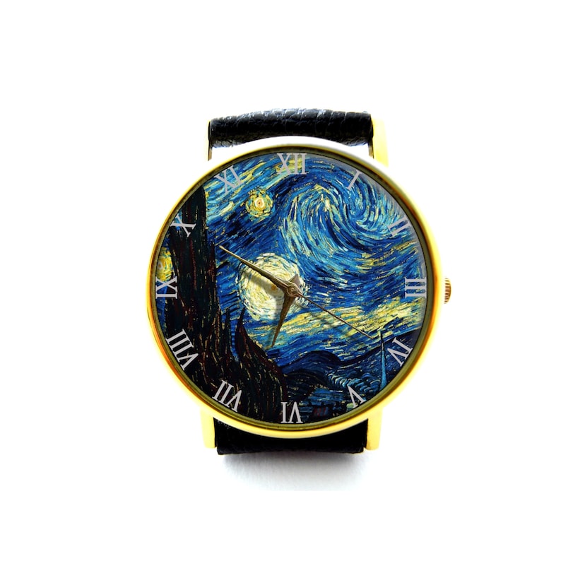 Orologio in pelle Van Gogh, Orologio Notte Stellata, Notte Stellata, Orologio artistico, Orologio unisex, Orologio da donna, Orologio da uomo, Modello 2 immagine 2