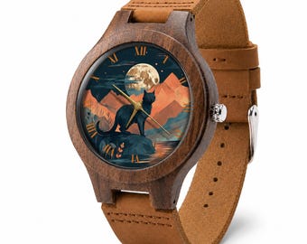 Moonlit Black Cat Wooden Watch, Gothic Full Moon Mountain Wristwatch, Fantasy Cat Art Gift