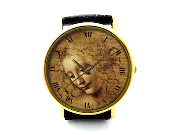 Zegarek skórzany Leonardo Da Vinci, zegarek artystyczny Head of a Woman, zegarek unisex, biżuteria Leonardo Da Vinci, akcesoria Leonardo Da Vinci