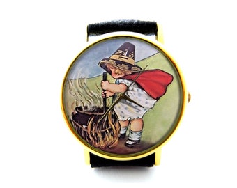 Little Witch Leather Watch, Little Witch Halloween Ladies Watch, Witch Watch, Unisex Watch, Halloween Jewelry, Vintage Style Jewelry