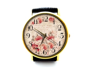 Rose Leather Watch, Vintage Flower Leather Watch, Vintage Rose Watch, Floral Watch, Ladies Watch, Mens Watch, Unisex Watch, Rose Jewelry