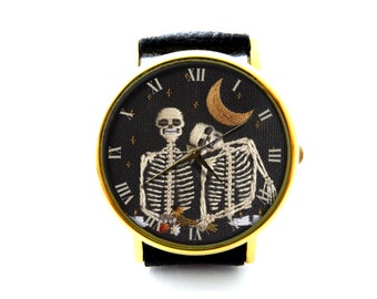 Embroidery Effect Print Skull Lover Leather Watch, Skull Lover Unisex Watch, Not Real Embroidery, It&#39;s Flat Printing