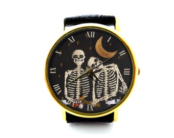 Embroidery Effect Print Skull Lover Leather Watch, Skull Lover Unisex Watch, Not Real Embroidery, It's Flat Printing